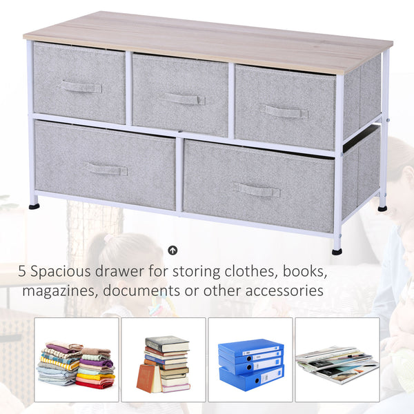 English Elm 40" Grey 5-Drawer Horizontal Storage Cube Dresser with Steel Frame, Removable Fabric Bins, Stable Organizer (39.5"L x 11.75"W x 21.25"H) W2225142644