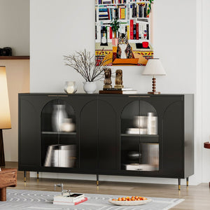 English Elm Accent Sideboard with Fluted Glass Doors Matte Black Lacquer Finish for Dining Entryway W1435133310