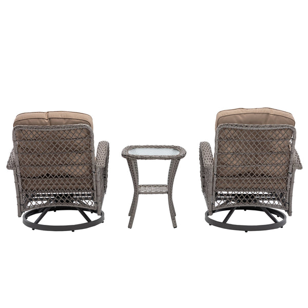 English Elm 3 Pieces Outdoor Swivel Rocker Patio Chairs Set with 360° Rotation, Tempered Glass Table & Plush Cushions khaki W640142462
