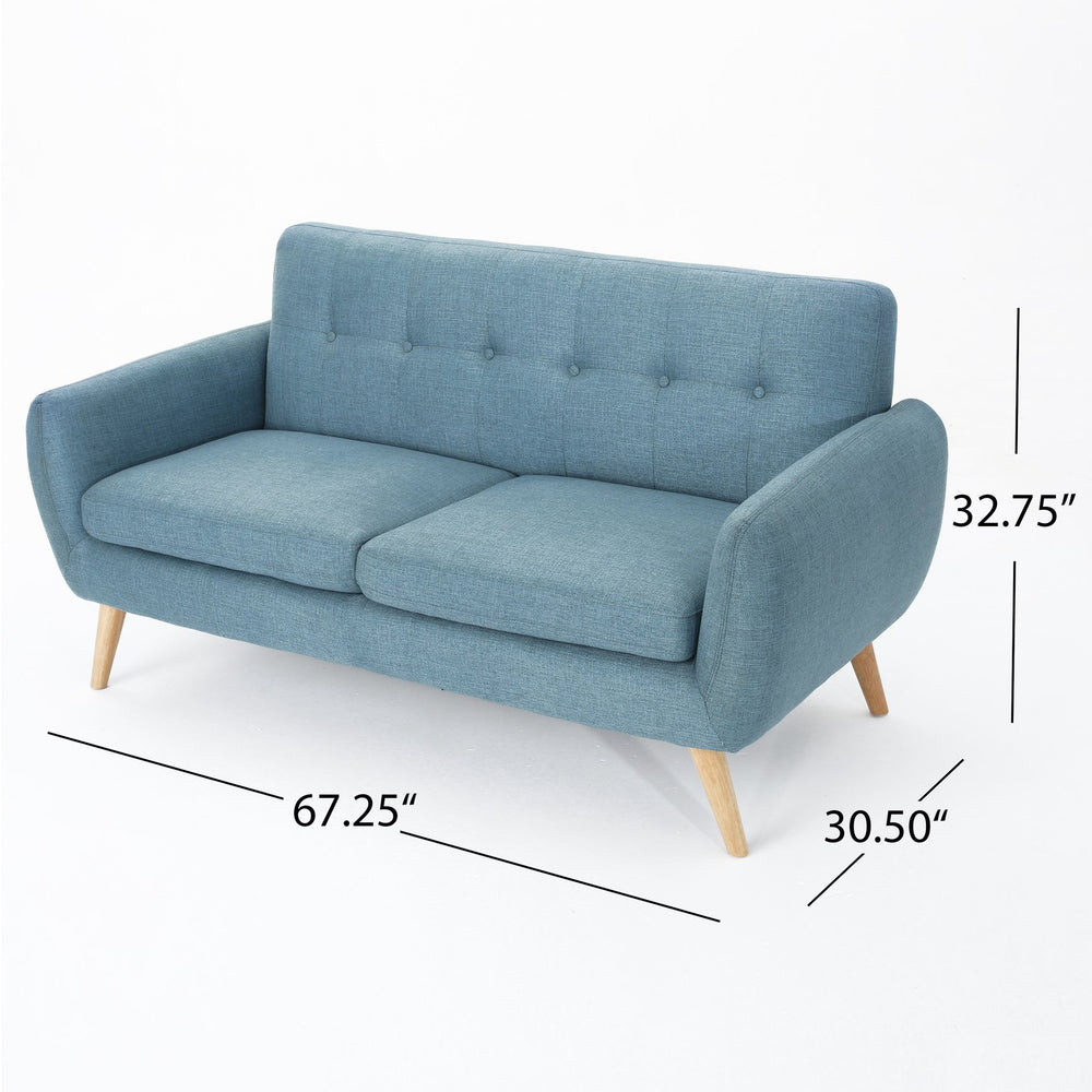English Elm Christopher Knight Home® - sofa Mid-Century Loveseat with Button-Tufted Waffle Stitch, Upholstered Rubberwood Frame for Small Spaces Blue 60863.00BLU