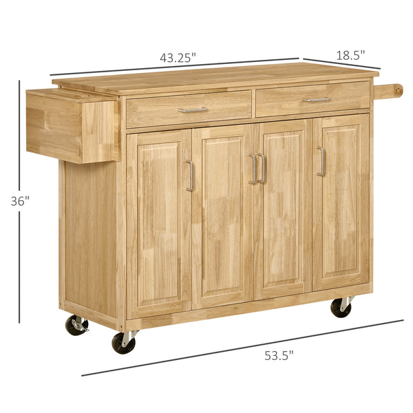 English Elm Kitchen Island On Wheels, Natural Hardwood Kitchen Cart With Drawers, Storage Cabinets, and Tool Caddy, Microwave Cart For Dining Room, 54 Inches Wide