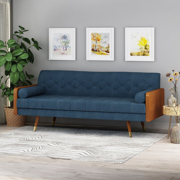 English Elm Aidan Tufted Fabric Sofa with Diamond Stitching and Gold Tipped Rubberwood Legs Navy Blue 61688.00NBLU