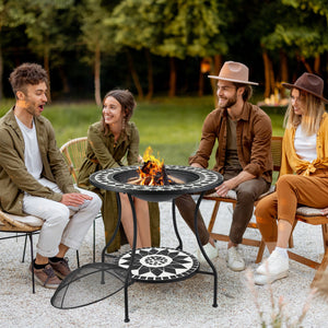 English Elm 30" 3-in-1 Outdoor Fire Pit Dining Table with Ceramic Top, Ice Bucket, Storage Shelf & Spark Screen W2225142618