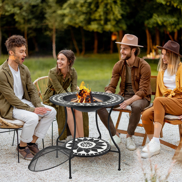 English Elm 30" 3-in-1 Outdoor Fire Pit Dining Table with Ceramic Top, Ice Bucket, Storage Shelf & Spark Screen W2225142618