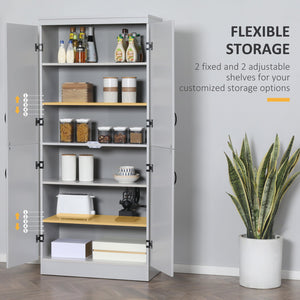 English Elm 70" Kitchen Pantry Tall Freestanding Storage Cabinet with 6-Tier Shelves, 4 Doors, Black Handles, Anti-Tip Protection Grey W2225S00026