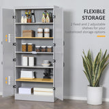 English Elm 70" Kitchen Pantry, Tall Freestanding Storage Cabinet, 6-Tier Shelving With 2 Adjustable Shelves and 4 Doors For Dining Room, Gray