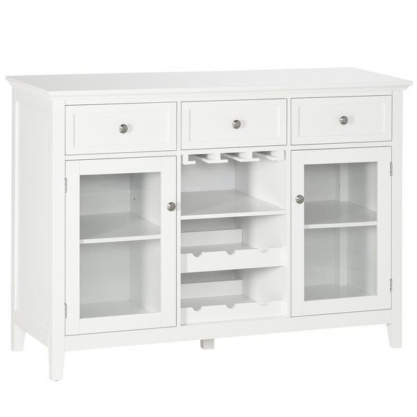 English Elm Coffee Bar Cabinet with Glass Doors, 3 Drawers, 6-Bottle Rack, Stemware Storage, White Sideboard W2225S00025
