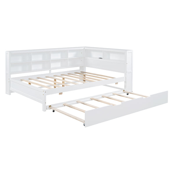 English Elm Wooden Full Size DayBed with Trundle, Pine Frame, Dual Storage Shelf and Built-in USB Charging Ports White 80 L x 13.8 W x 7.5 H N733S347731K