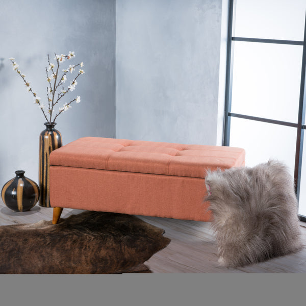 English Elm Christopher Knight Home® - Home Tufted Ainsley Button Storage Ottoman Bench with Hinged Lid, 38" Wide Fabric Seat, Birch Legs, Stylish Hidden Storage for Living Room or Bedroom Orange 74491.00ORG