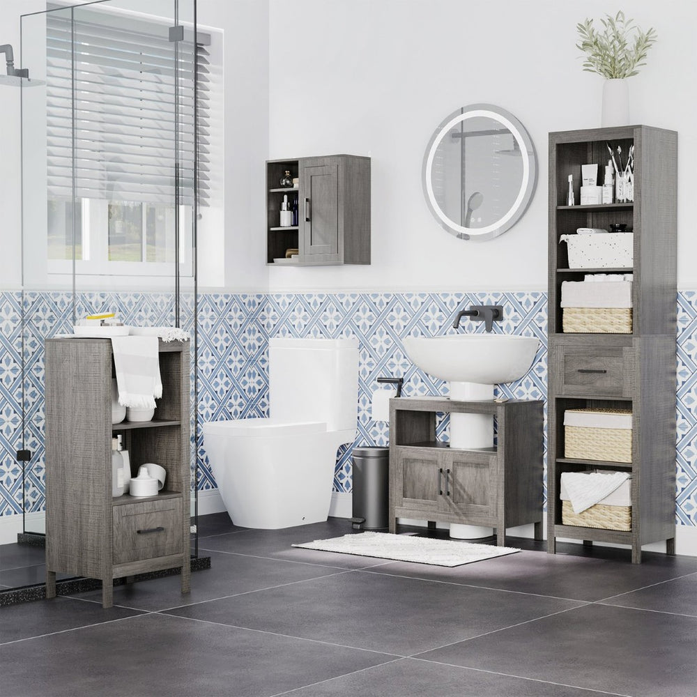 English Elm Kleankin Pedestal Sink Base Cabinet with Adjustable Shelf and Double Door Storage W2225142650