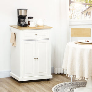 English Elm Rolling Kitchen Island Cart with Drawer and Adjustable Shelf, Mobile Serving Trolley with Hidden Wheels, Towel Racks, Durable MDF Top and 88 lb Capacity for Smart Kitchen Storage and Easy Mobility Cream White W2225142637