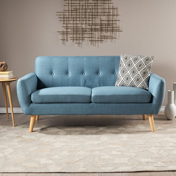English Elm Christopher Knight Home® - sofa Mid-Century Loveseat with Button-Tufted Waffle Stitch, Upholstered Rubberwood Frame for Small Spaces Blue 60863.00BLU