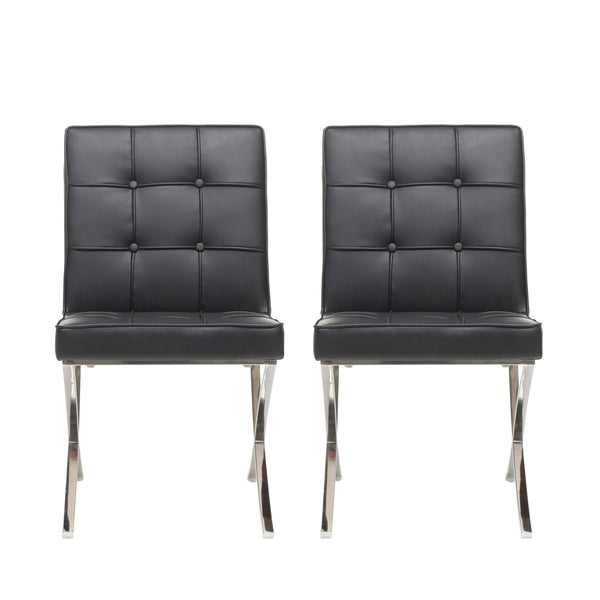 English Elm Christopher Knight Home® - PAVILION Dining Chair Set of 2 with Button-Tufted Waffle Stitching and Polished Silver X-Leg Base Black 59927.00