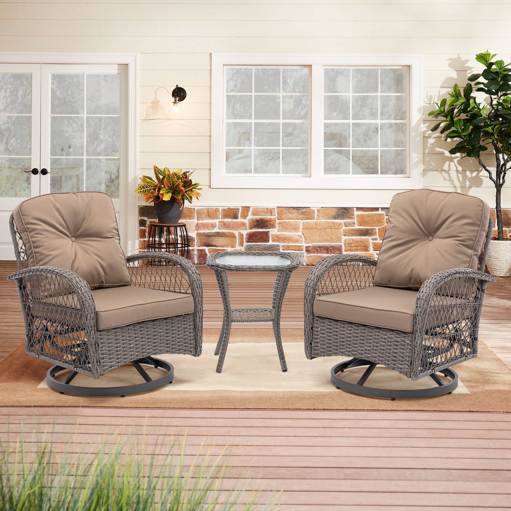 English Elm 3 Pieces Outdoor Swivel Rocker Patio Chairs Set with 360° Rotation, Tempered Glass Table & Plush Cushions khaki W640142462