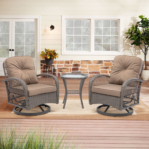 English Elm 3 Pieces Outdoor Swivel Rocker Patio Chairs Set with 360° Rotation, Tempered Glass Table & Plush Cushions khaki W640142462