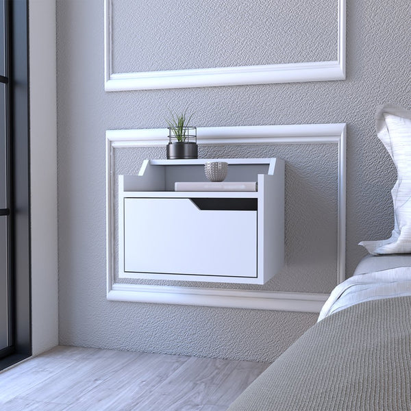 English Elm Floating Nightstand Chester Wall-Mount White — Modern Floating Nightstand with Drawer, Dual-Tier Surface, Space-Saving Design B092142805