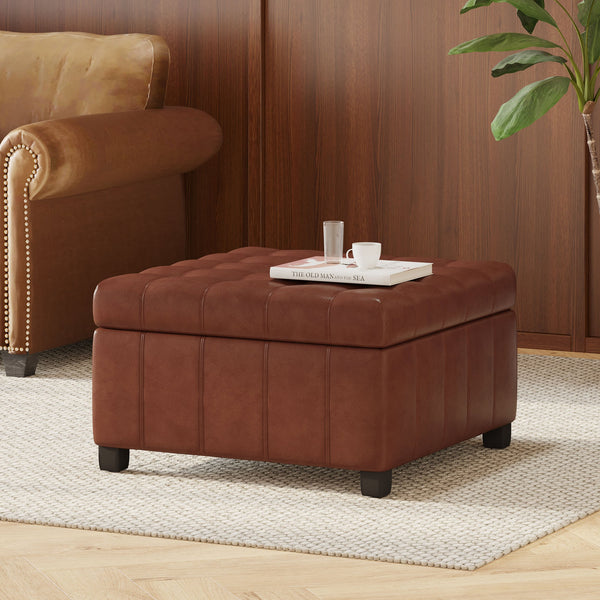 English Elm Christopher Knight Home® - ISABELLA Ottoman with Faux Leather Button-Tufted Top, Hidden Storage & Soft-Close Hinges for Home Comfort Light Brown 74567.00