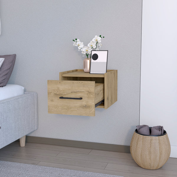 English Elm Floating Nightstand Calion Wall-Mounted Macadamia Beige Floating Nightstand with Drawer, Space-Saving, Sleek Handle, 17x16x5 B092142801