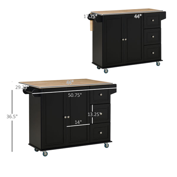 English Elm Mobile Kitchen Island Rolling Cart with Drop-Leaf Countertop, 3 Drawers, 2-Door Storage & Racks, Black W2225142636