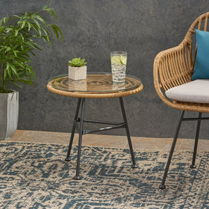 English Elm Orlando Outdoor Faux Rattan Side Table Tempered Glass Top for Deck or Porch 65038.00LBRN