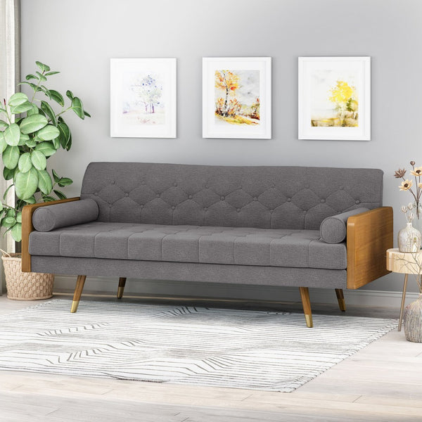 English Elm Aidan Tufted Fabric Sofa with Diamond Stitching and Gold Tipped Rubberwood Legs Grey 61688.00GRY