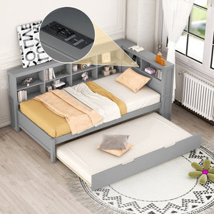 English Elm Wooden Twin Daybed with Trundle Storage Shelf and Usb Ports for Guest Rooms HL000074AAG