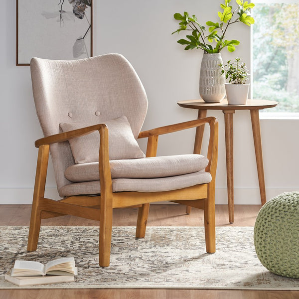 English Elm Christopher Knight Home® - Mid Mid Century Modern Fabric Club Chair with Button-Tufted Back and Accent Pillow, Tapered Birch Legs, Stylish Comfort (31.25˝W x 26.25˝D x 32.75˝H) Beige 59135.00