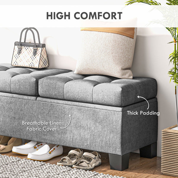 English Elm 46" Tufted Storage Ottoman Bench with Steel Frame, Linen Upholstered End-of-Bed Seating with Safety Hinges, Gray (46.75" x 16.5") W2225142646