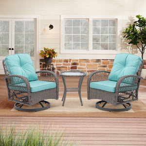 English Elm 3 Pieces Outdoor Swivel Rocker Patio Chairs Set with 360° Recline, Thick Cushions & Tempered Table Blue W640142359