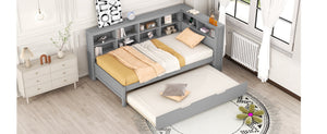 English Elm Wooden Twin Daybed with Trundle Storage Shelf and Usb Ports for Guest Rooms HL000074AAG