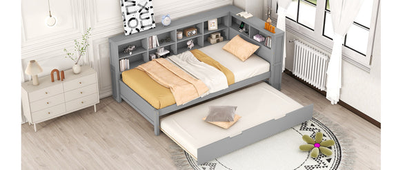 English Elm Wooden Twin Daybed with Trundle Storage Shelf and Usb Ports for Guest Rooms HL000074AAG