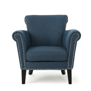 English Elm Christopher Knight Home® - CLUB Chair with Curved Silhouette and Nailhead Trim — Upholstered Luxury Accent Seat with Birch Legs Navy Blue 31.5 L x 24.75 W x 23 H 60841.00NBL