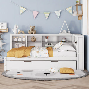 English Elm Wooden Full Size DayBed with Trundle, Pine Frame, Dual Storage Shelf and Built-in USB Charging Ports White 80 L x 13.8 W x 7.5 H N733S347731K