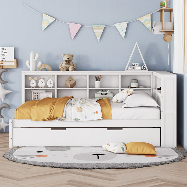 English Elm Wooden Full Size DayBed with Trundle, Pine Frame, Dual Storage Shelf and Built-in USB Charging Ports White 80 L x 13.8 W x 7.5 H N733S347731K
