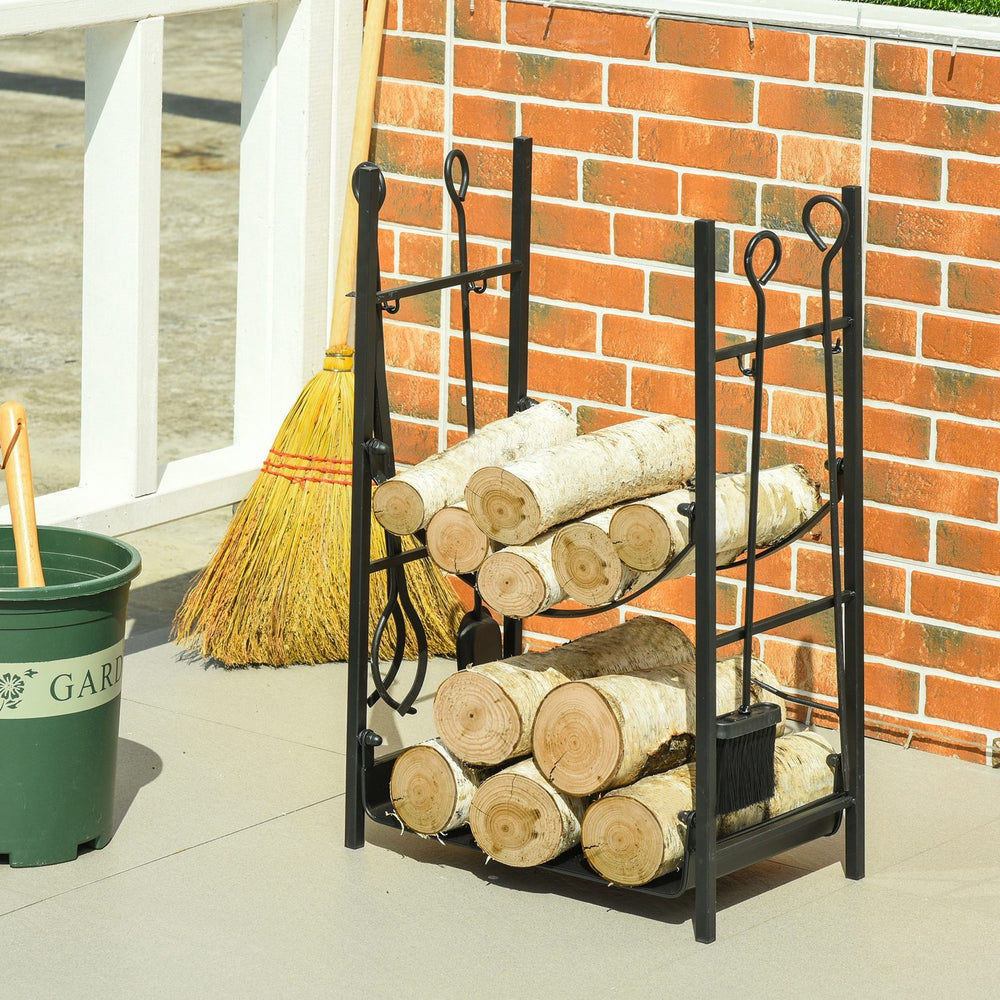 English Elm Firewood Rack With Complete Tool Set - Durable Two-Tier Holder For Indoor/Outdoor Use, Black Finish W2225142617