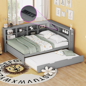 English Elm Wooden Twin Daybed with Storage Drawers Usb Charging Shelf and Pine Frame N733S347731E
