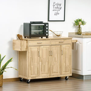 English Elm Kitchen Island On Wheels, Natural Hardwood Kitchen Cart With Drawers, Storage Cabinets, and Tool Caddy, Microwave Cart For Dining Room, 54 Inches Wide