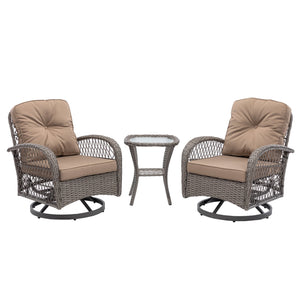 English Elm 3 Pieces Outdoor Swivel Rocker Patio Chairs Set with 360° Rotation, Tempered Glass Table & Plush Cushions khaki W640142462