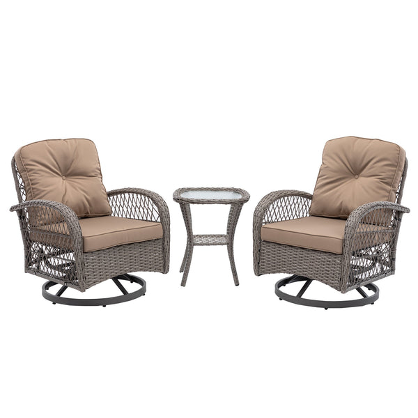 English Elm 3 Pieces Outdoor Swivel Rocker Patio Chairs Set with 360° Rotation, Tempered Glass Table & Plush Cushions khaki W640142462