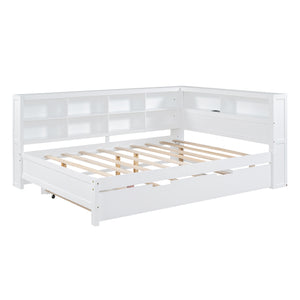 English Elm Wooden Full Size DayBed with Trundle, Pine Frame, Dual Storage Shelf and Built-in USB Charging Ports White 80 L x 13.8 W x 7.5 H N733S347731K