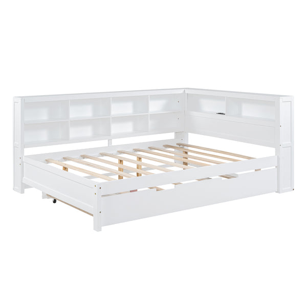 English Elm Wooden Full Size DayBed with Trundle, Pine Frame, Dual Storage Shelf and Built-in USB Charging Ports White 80 L x 13.8 W x 7.5 H N733S347731K