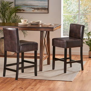 English Elm Christopher Knight Home® - 26-inch Brown Leather Counter Stools Set of 2 — Bonded Leather Seats, Ergonomic Back, Rubberwood Legs, Easy-Clean 73723.00PU