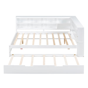 English Elm Wooden Full Size DayBed with Trundle, Pine Frame, Dual Storage Shelf and Built-in USB Charging Ports White 80 L x 13.8 W x 7.5 H N733S347731K