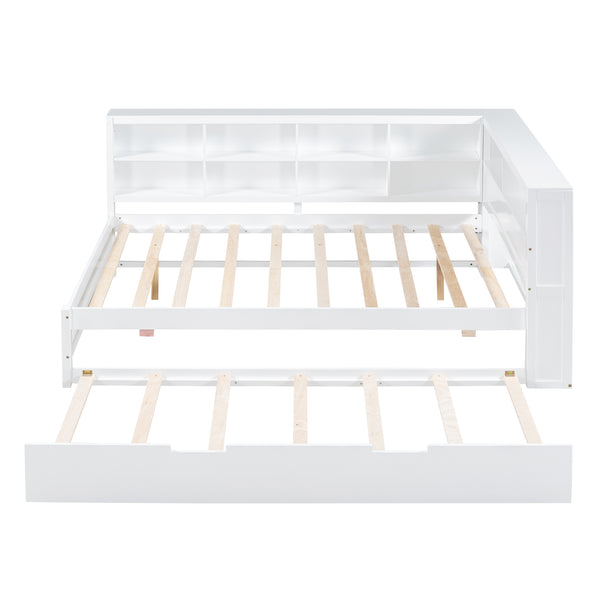English Elm Wooden Full Size DayBed with Trundle, Pine Frame, Dual Storage Shelf and Built-in USB Charging Ports White 80 L x 13.8 W x 7.5 H N733S347731K