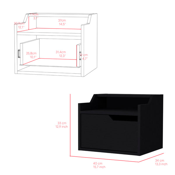 English Elm Floating Nightstand Chester Wall-Mount Black — Modern Dual-Tier Floating Shelf with Spacious Drawer, Sleek Design B092142809