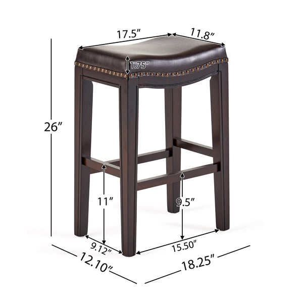 English Elm Christopher Knight Home® - TIFFIN Studded Counterstool Set of 2 Brown PU Saddle Seats with Rubberwood H-Frame & Nailhead Trim 67703.00