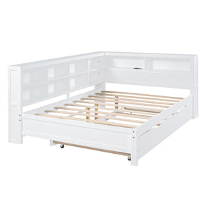 English Elm Wooden Full Size DayBed with Trundle, Pine Frame, Dual Storage Shelf and Built-in USB Charging Ports White 80 L x 13.8 W x 7.5 H N733S347731K
