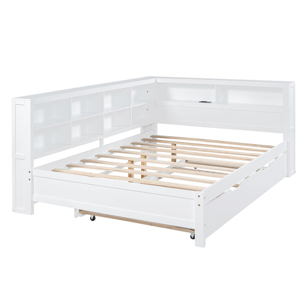 English Elm Wooden Full Size DayBed with Trundle, Pine Frame, Dual Storage Shelf and Built-in USB Charging Ports White 80 L x 13.8 W x 7.5 H N733S347731K