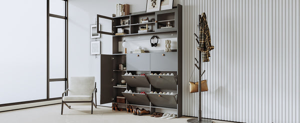 English Elm Black Hall Tree Foyer Cabinet Flip Shoe Storage Tempered Glass Hooks Shelf SD000028AAB