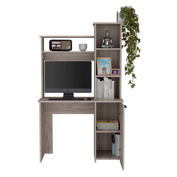 English Elm Computer Desk Dumas Light Gray with Hutch, Engineered Wood, Open Shelves & Cabinet, 25.8”W Worksurface B092142797